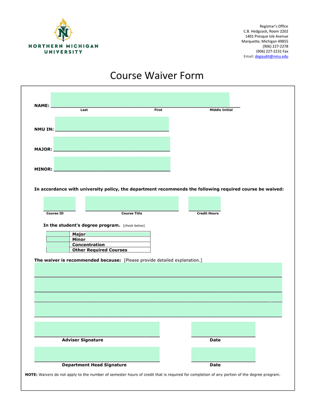 Course Waiver Form screenshot