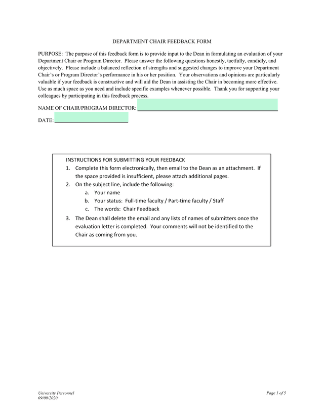 DEPARTMENT CHAIR FEEDBACK FORM screenshot