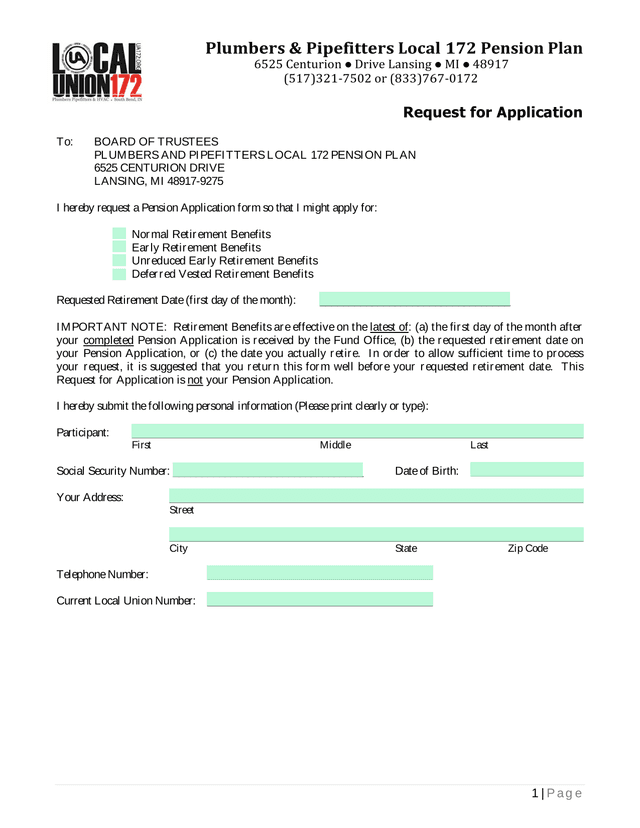 Request For Application   Plumbers  Pipefitters Local 172 Pension Plan screenshot