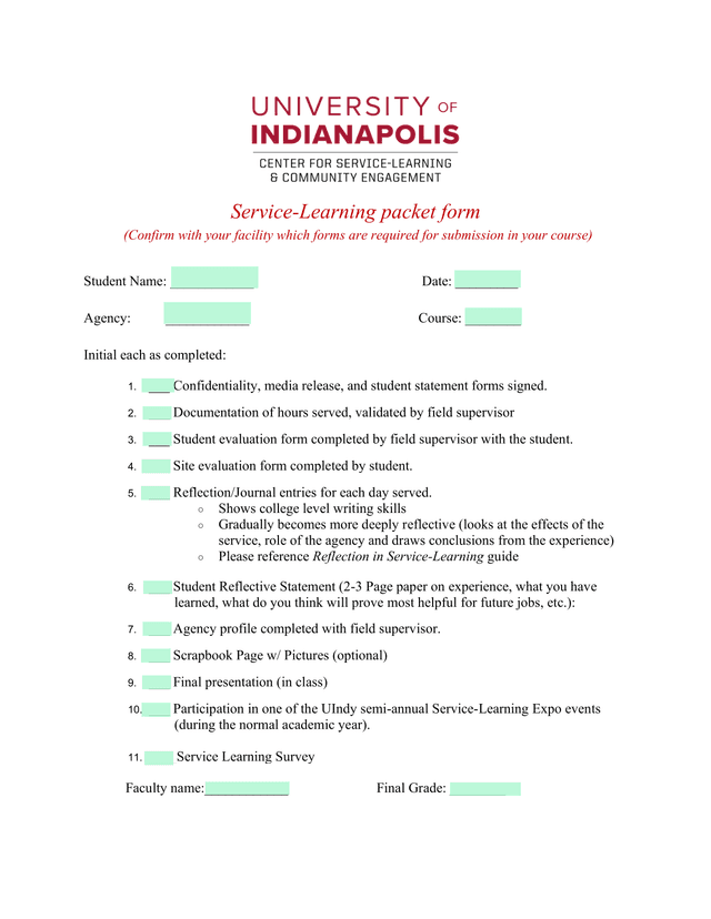 Service Learning Packet Form screenshot
