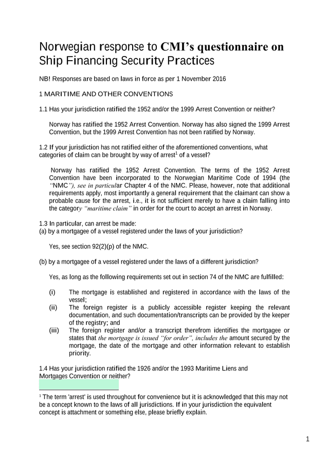 Norwegian Response To CMIS Questionnaire On Ship Financing Security Practices screenshot
