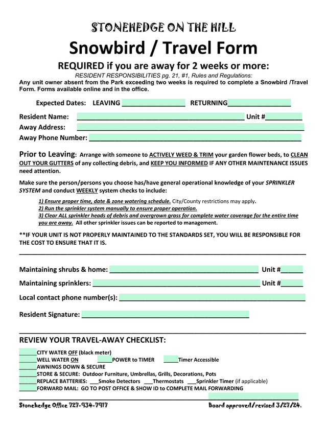 Snowbird  Travel Form screenshot