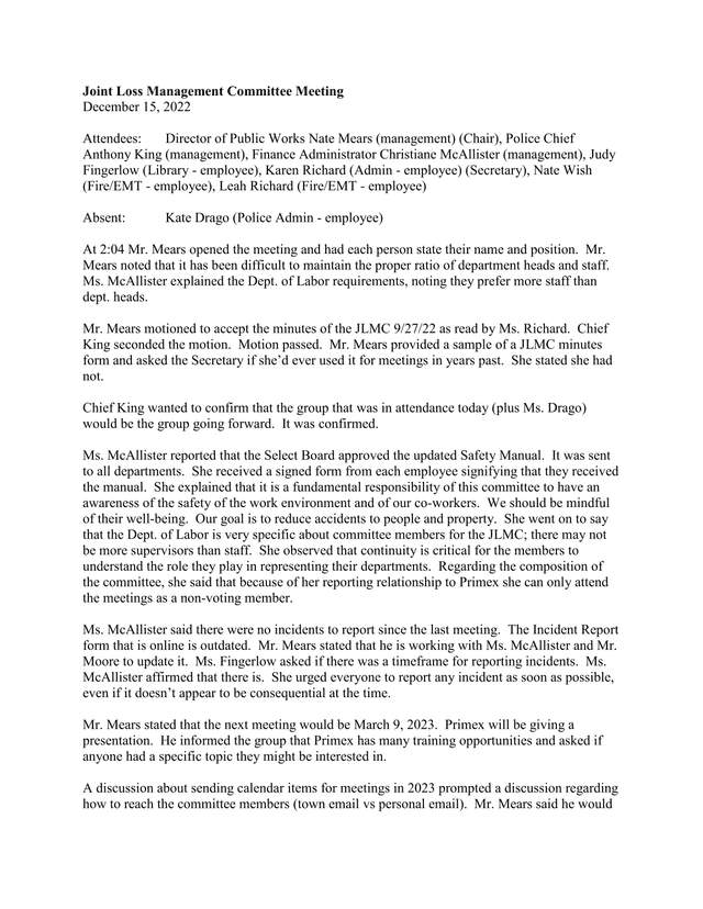 Joint Loss Management Committee Meeting Minutes screenshot