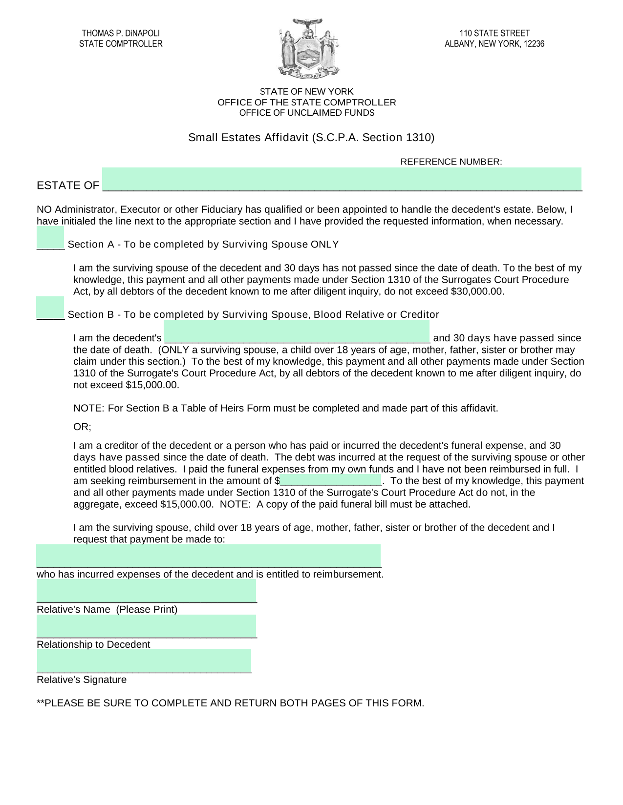 Small Estates Affidavit (S.C.P.A. Section 1310) screenshot