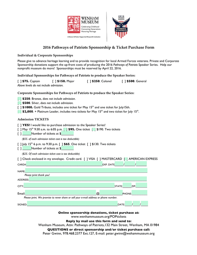 2016 Pathways Of Patriots Sponsorship  Ticket Purchase Form screenshot