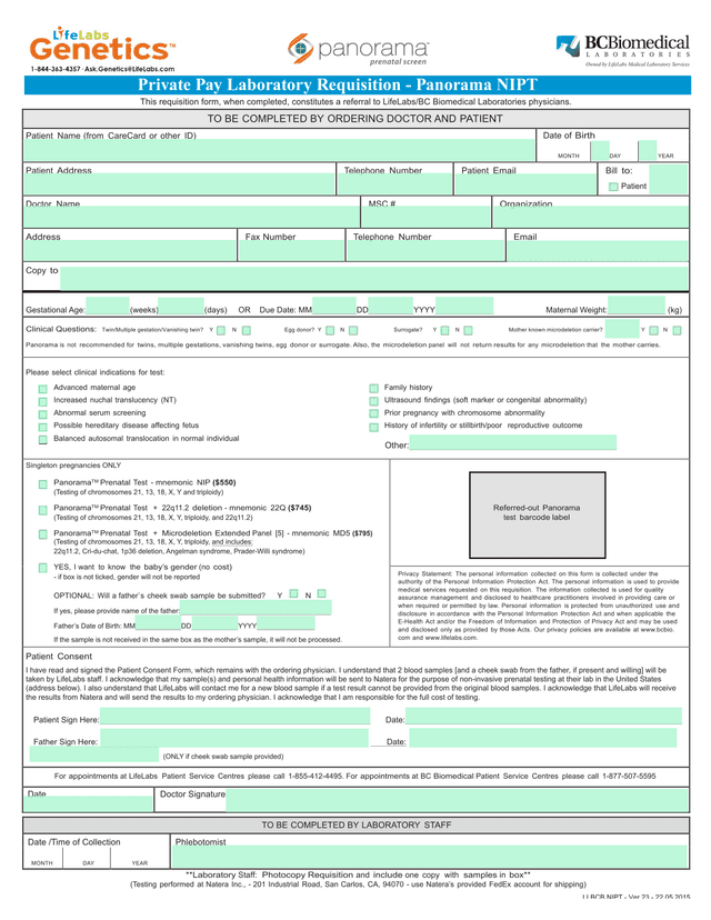 Private Pay Laboratory Requisition   Panorama NIPT screenshot