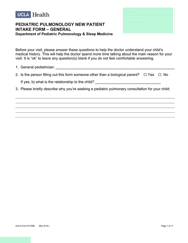 PEDIATRIC PULMONOLOGY NEW PATIENT INTAKE FORM  GENERAL screenshot