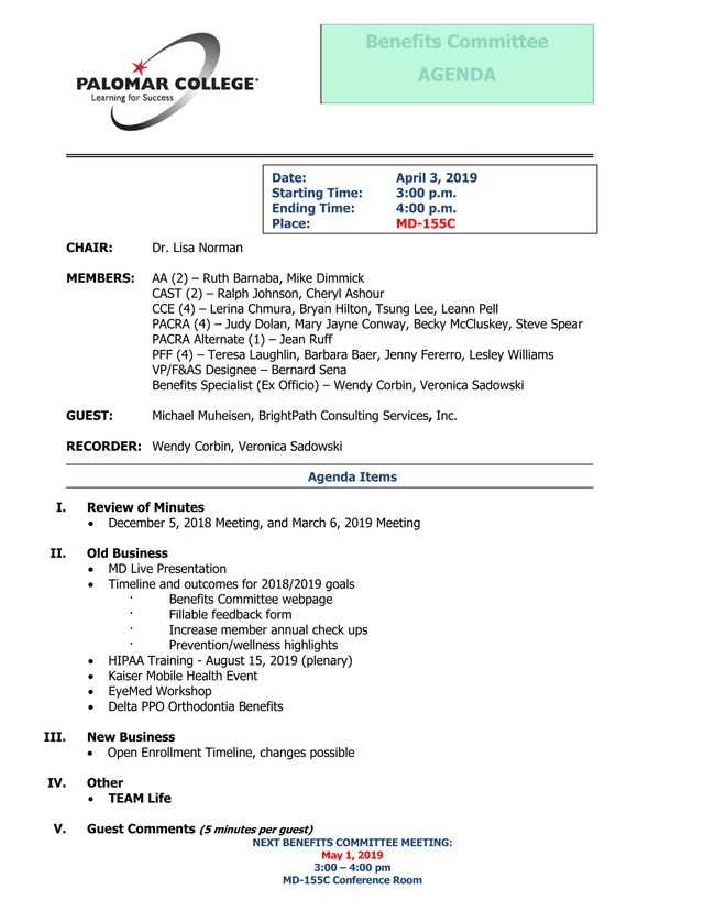 Benefits Committee Meeting Agenda screenshot