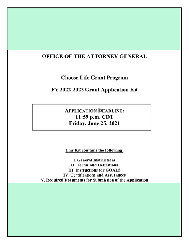 Choose Life Grant Program FY 2022 2023 Grant Application Kit screenshot