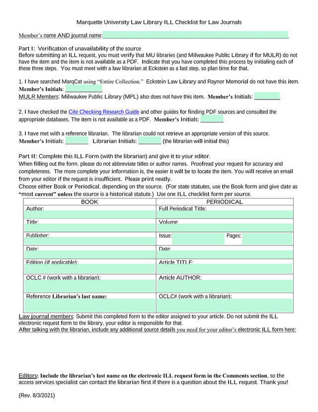 Marquette University Law Library ILL Checklist For Law Journals screenshot