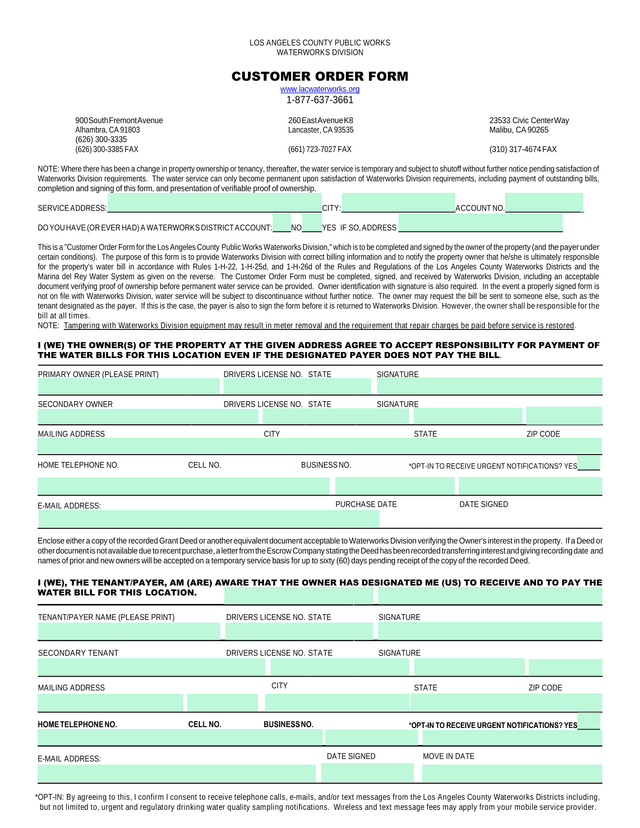 Customer Order Form For Los Angeles County Public Works Waterworks Division screenshot