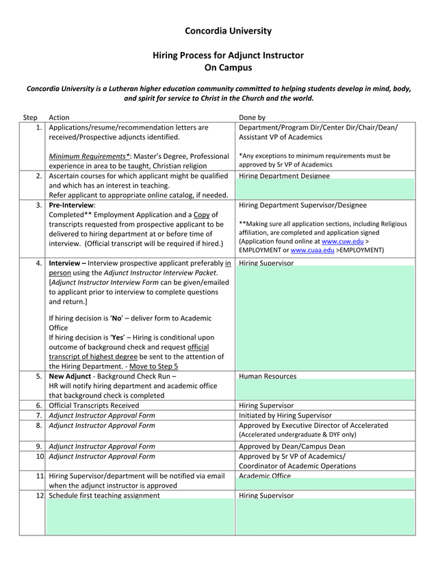 Adjunct Instructor Hiring Process screenshot