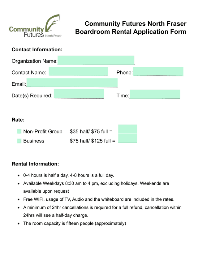 Community Futures North Fraser Boardroom Rental Application Form screenshot