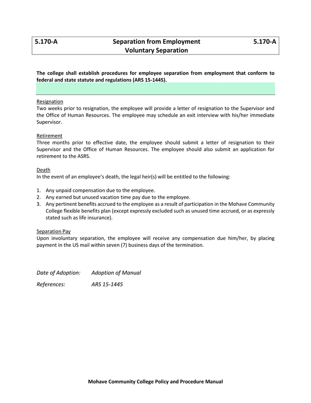 5.170 A Separation From Employment Voluntary Separation screenshot