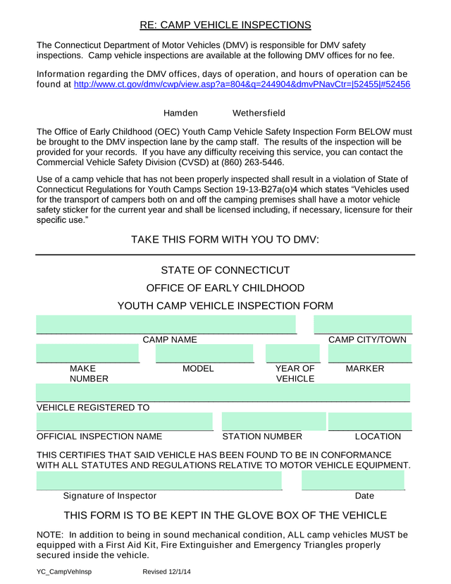 STATE OF CONNECTICUT OFFICE OF EARLY CHILDHOOD YOUTH CAMP VEHICLE INSPECTION FORM screenshot