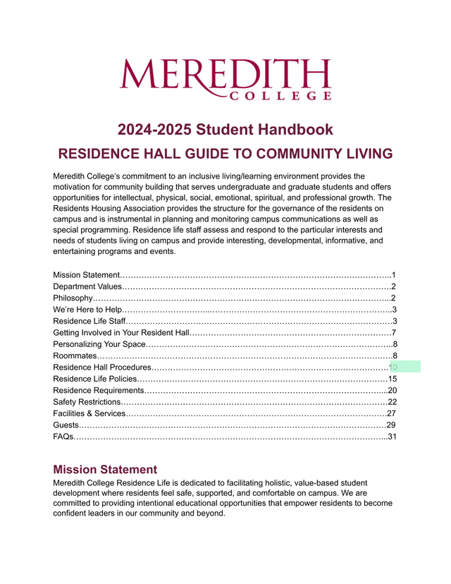 2024 2025 Student Handbook Residence Hall Guide To Community Living screenshot