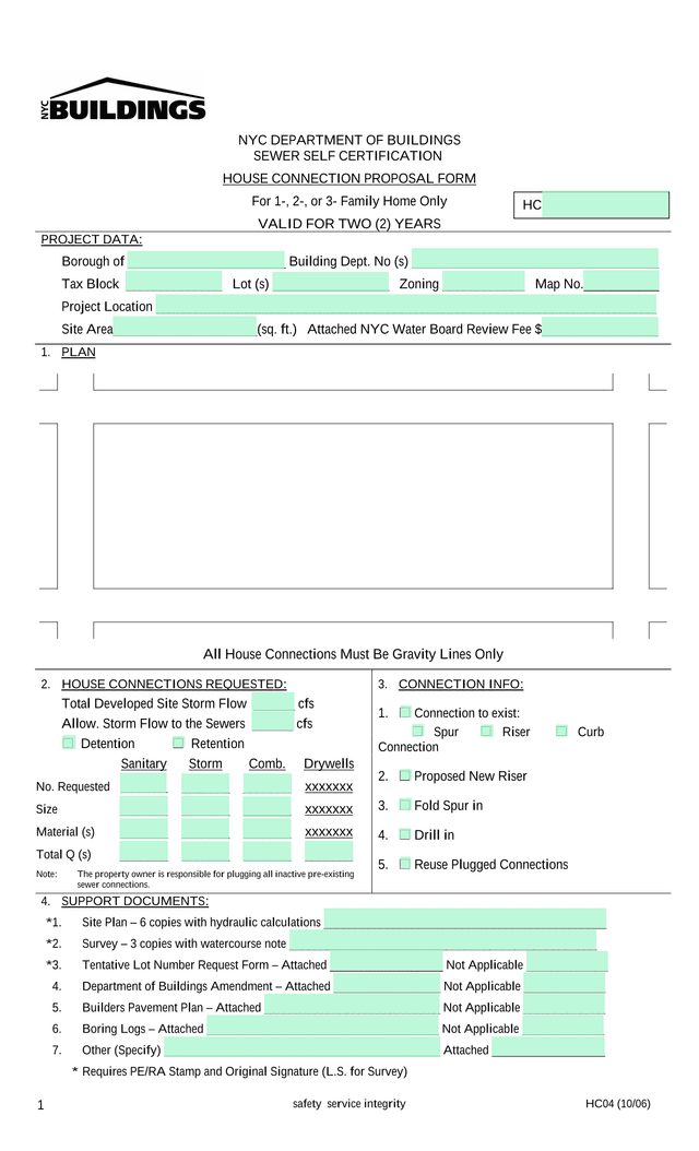 NYC DEPARTMENT OF BUILDINGS SEWER SELF CERTIFICATION HOUSE CONNECTION PROPOSAL FORM screenshot