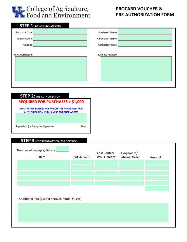PROCARD VOUCHER  PRE AUTHORIZATION FORM screenshot