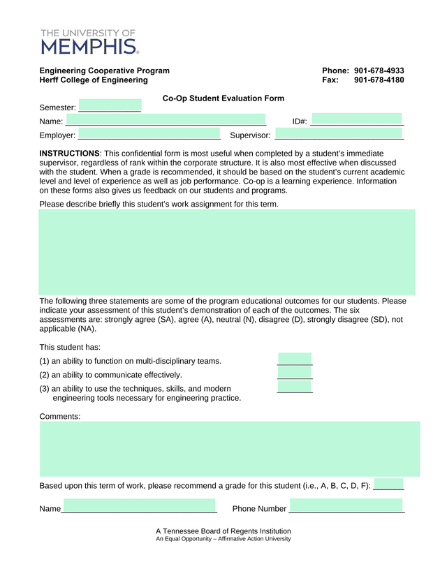 Co Op Student Evaluation Form screenshot