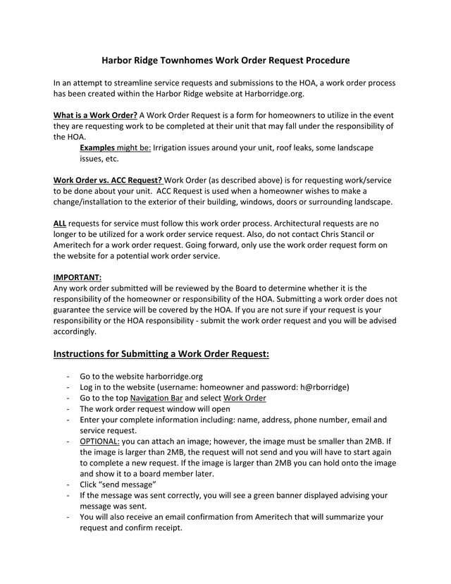 Harbor Ridge Townhomes Work Order Request Procedure screenshot