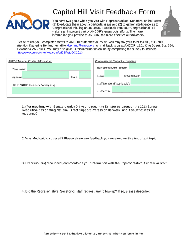 Capitol Hill Visit Feedback Form screenshot