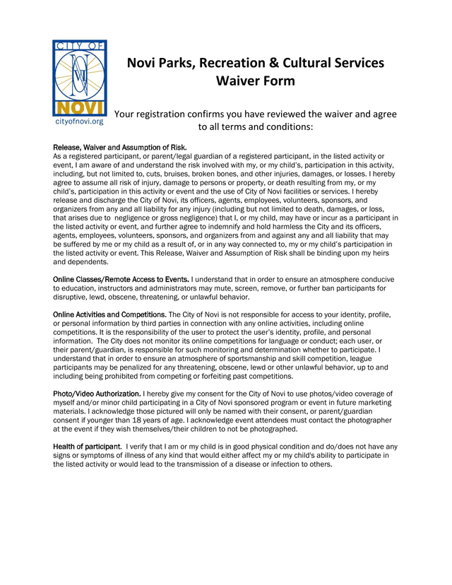 Novi Parks, Recreation  Cultural Services Waiver Form screenshot