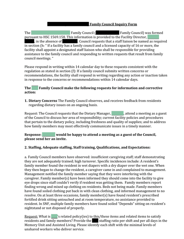 Healdsburg Senior Living Family Council Inquiry Form screenshot
