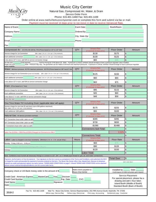 Music City Center Natural Gas, Compressed Air, Water,  Drain Service Order Form screenshot