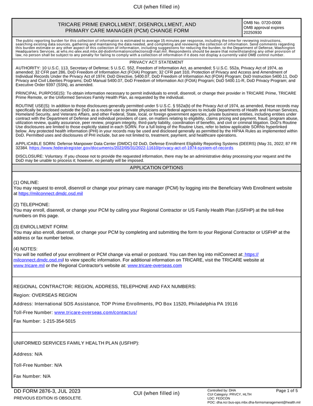 DD FORM 2876 3, TRICARE PRIME ENROLLMENT, DISENROLLMENT, AND PRIMARY CARE MANAGER (PCM) CHANGE FORM screenshot