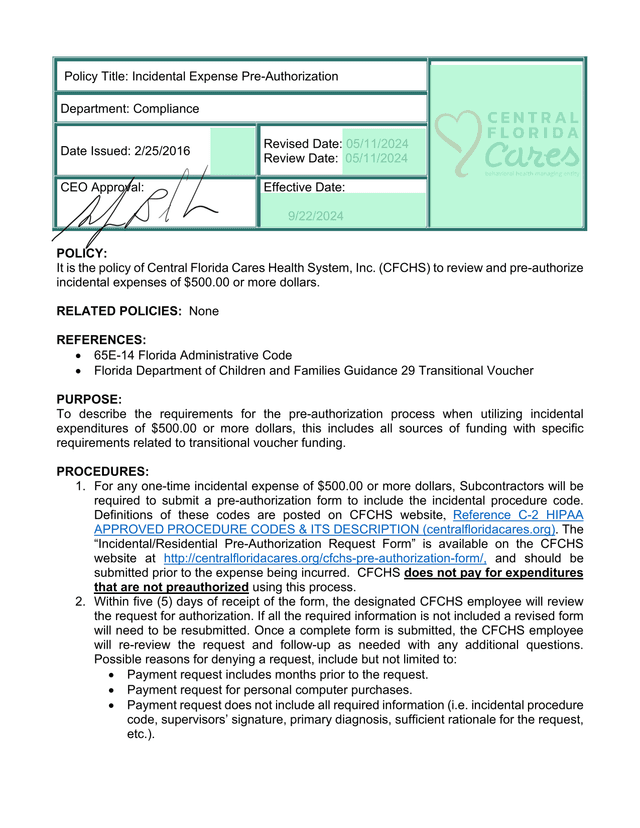 Incidental Expense Pre Authorization Policy screenshot
