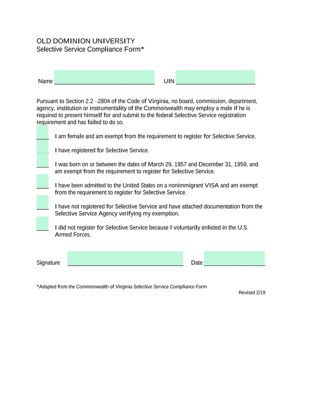Selective Service Compliance Form screenshot
