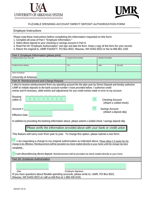 Flexible Spending Account Direct Deposit Authorization Form screenshot