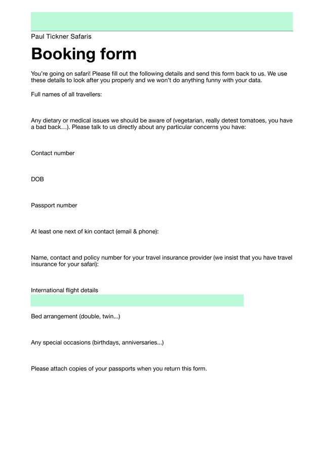 Paul Tickner Safaris Booking Form screenshot