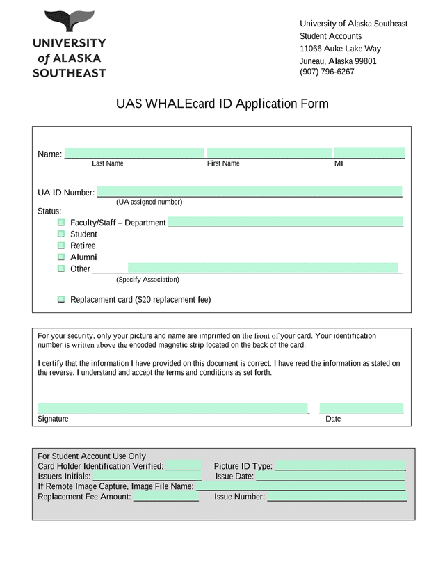 UAS WHALEcard ID Application Form screenshot
