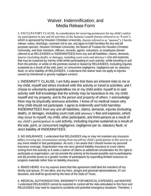 Waiver, Indemnification, And Media Release Form screenshot