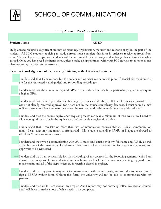 Study Abroad Pre Approval Form screenshot