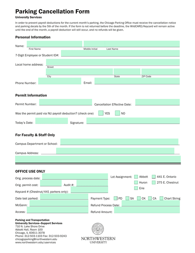 Parking Cancellation Form screenshot