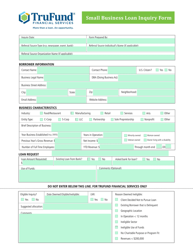 Small Business Loan Inquiry Form screenshot