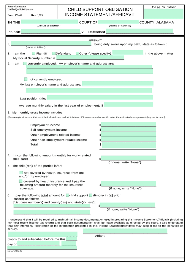 Child Support Obligation Income StatementAffidavit screenshot