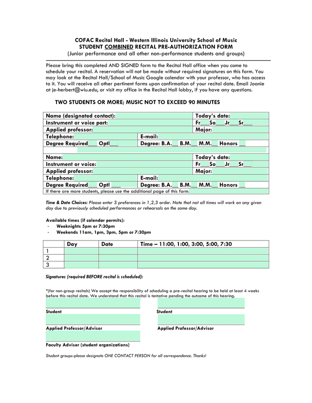 STUDENT COMBINED RECITAL PRE AUTHORIZATION FORM screenshot