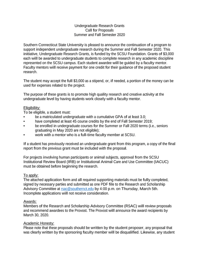 Undergraduate Research Grants Call For Proposals screenshot
