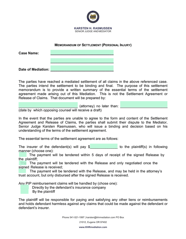Memorandum Of Settlement (Personal Injury) screenshot