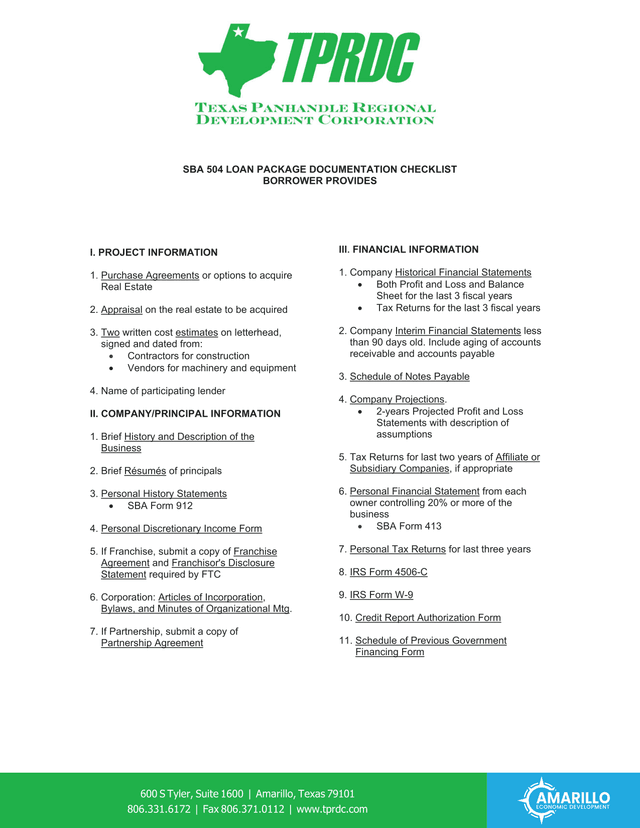 SBA 504 Loan Package Documentation Checklist screenshot