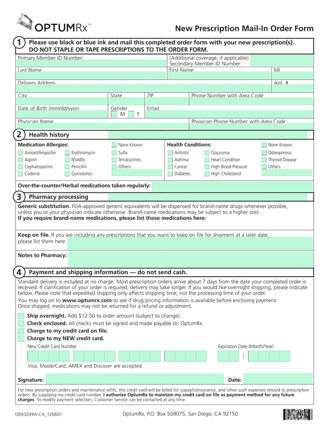 New Prescription Mail In Order Form screenshot