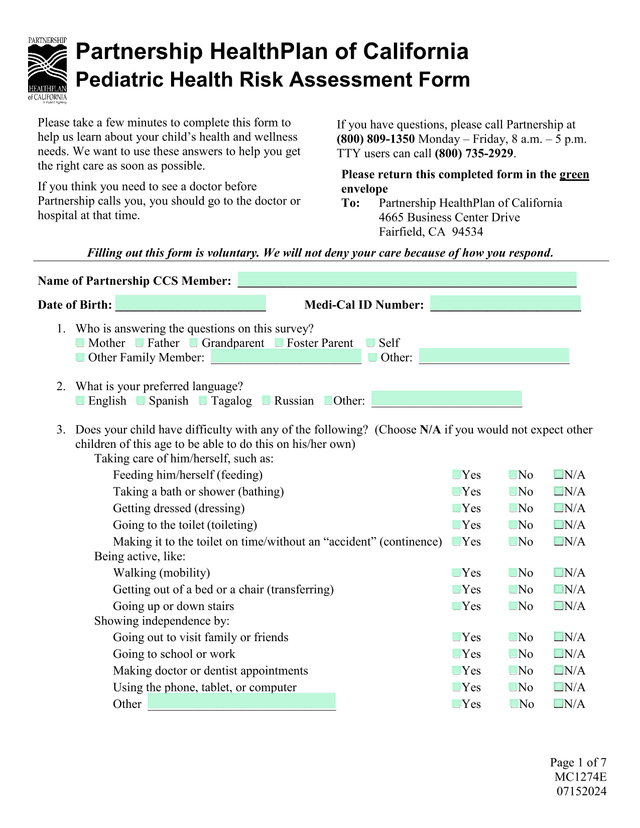 Pediatric Health Risk Assessment Form screenshot