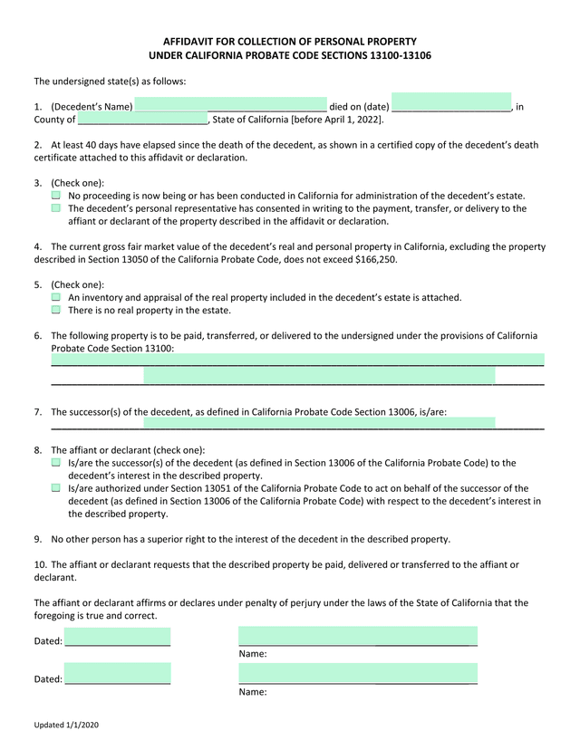 AFFIDAVIT FOR COLLECTION OF PERSONAL PROPERTY UNDER CALIFORNIA PROBATE CODE SECTIONS 13100 13106 screenshot