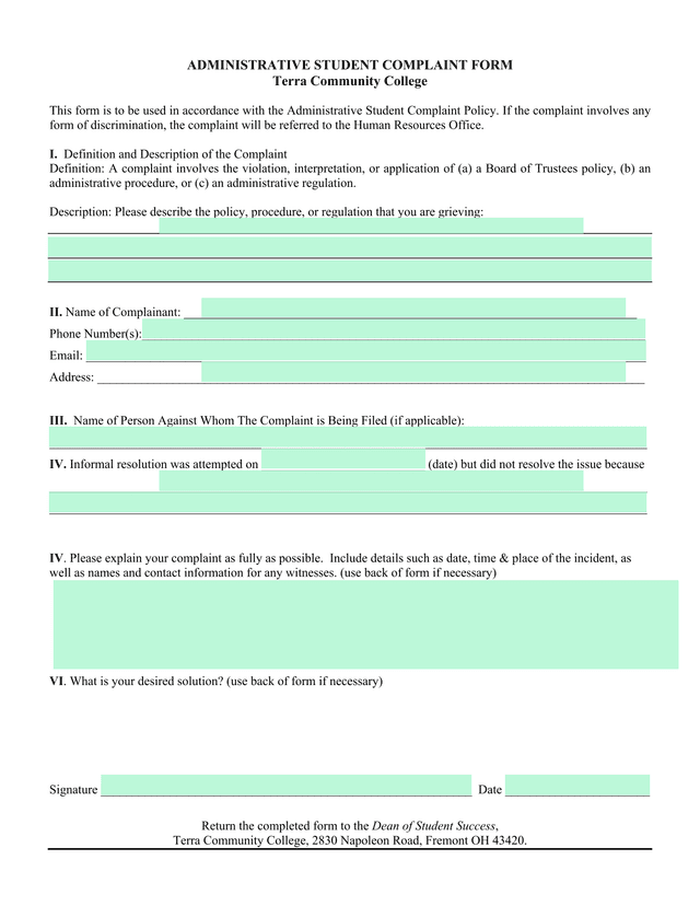 Administrative Student Complaint Form screenshot