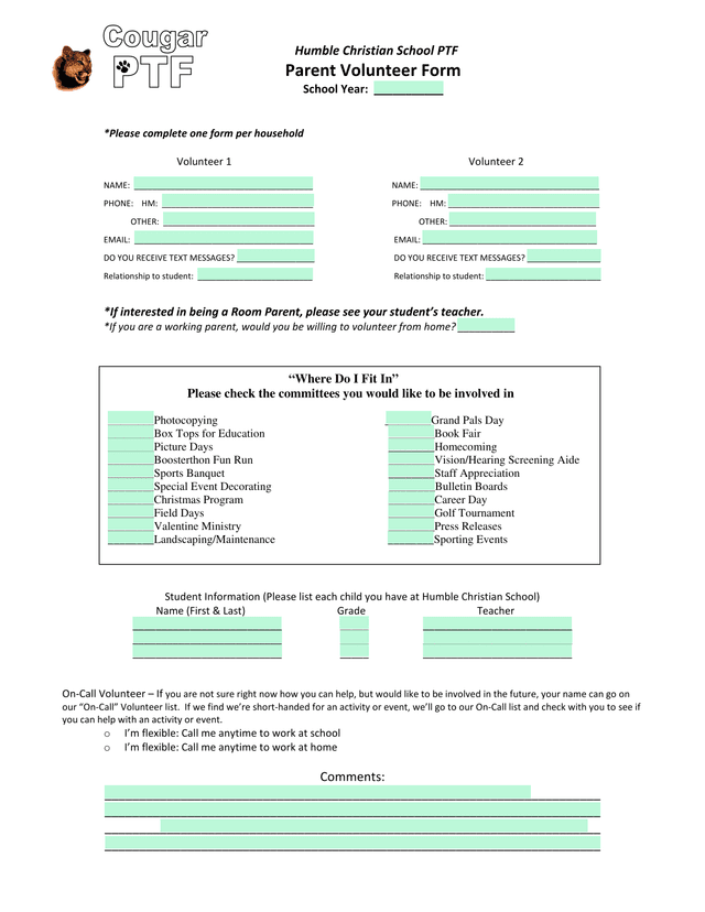 Humble Christian School PTF Parent Volunteer Form screenshot