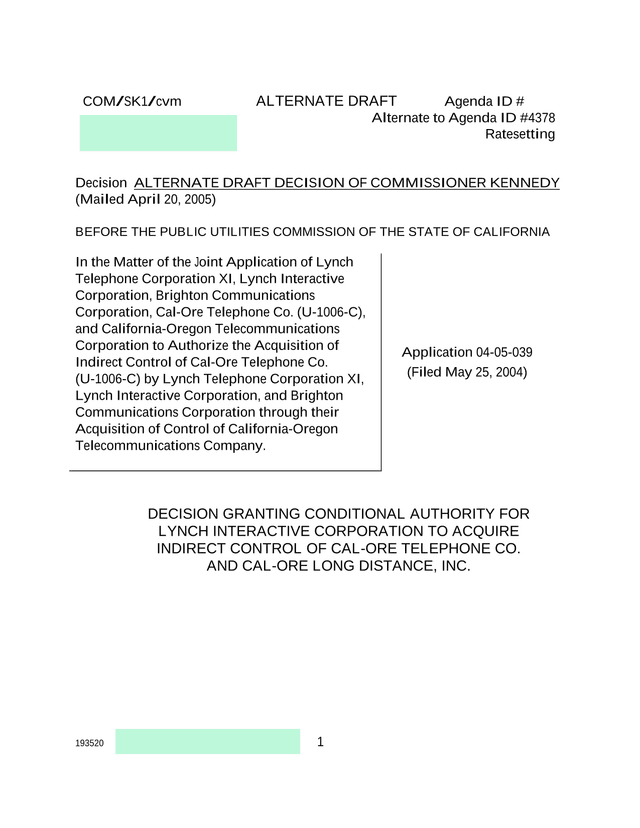 Decision Granting Conditional Authority For Lynch Interactive Corporation screenshot