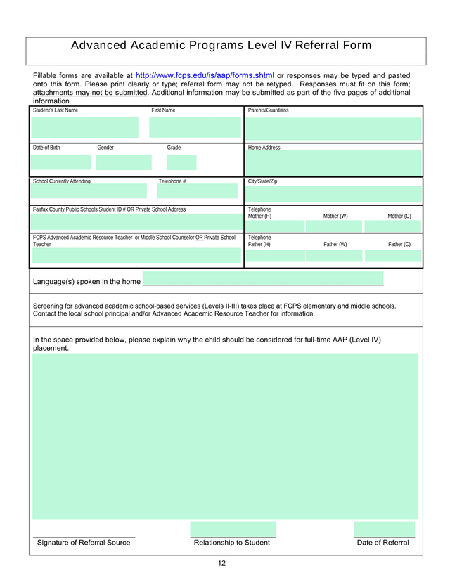 Advanced Academic Programs Level IV Referral Form screenshot